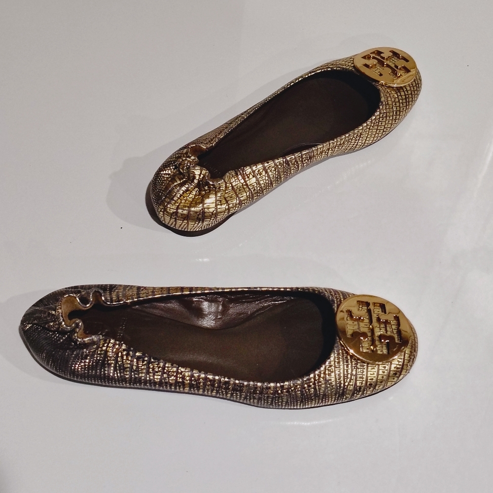 Tory Burch Women's Metallic Lizard Embossed Leather Reva Ballet Flats Size 9.5M